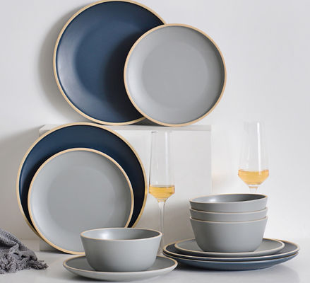 Gufaith Melamine Dinnerware Set,Plat dan Bowl Set,Piring Set untuk 4,Outdoor Dinnerware Set,biru dan abu-abu warna, Modern