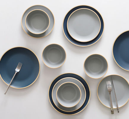 Gufaith Melamine Dinnerware Set,Plat dan Bowl Set,Piring Set untuk 4,Outdoor Dinnerware Set,biru dan abu-abu warna, Modern